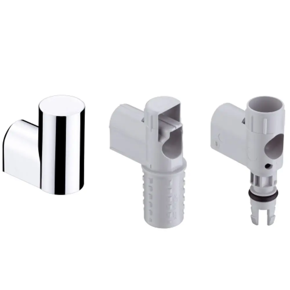 Wandstütze mit chromfarbener Abdeckung von Hansgrohe, bestehend aus mehreren Kunststoffkomponenten in unterschiedlichen Formen zur stabilen Befestigung.